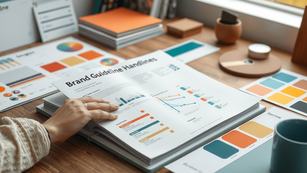 Neat brand guideline handbook being flipped open on a desk with branded materials and color palettes.