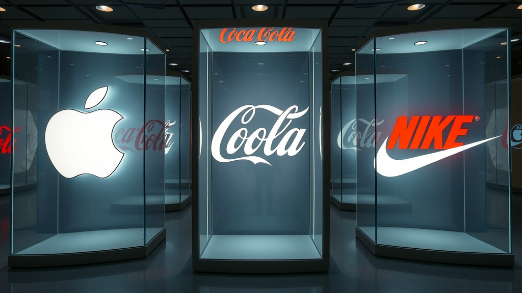 Iconic global brand identity elements showcased side by side in a dramatic, high fantasy gallery.