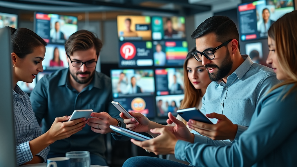 Social media managers reviewing brand social profiles in a digital marketing hub, highlighting the role of social media in brand identity.