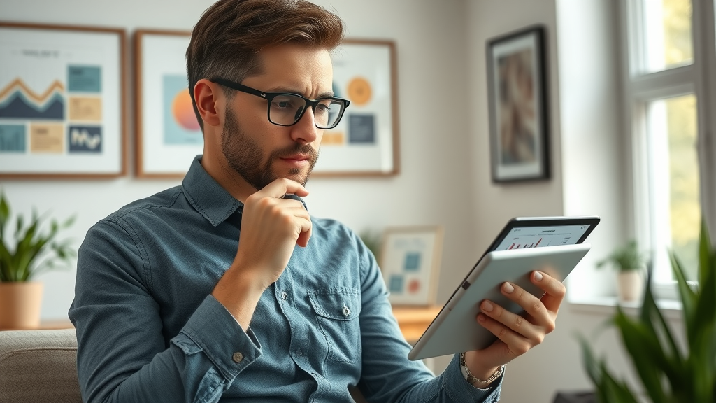 Marketer analyzing digital content strategy, reviewing analytics on tablet, modern office, focusing on content marketing results
