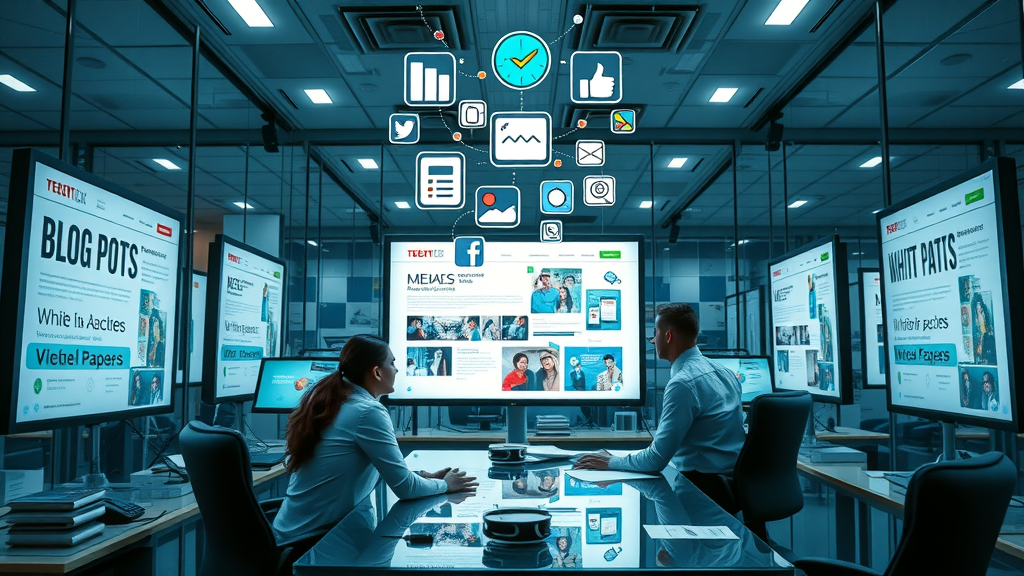 Creative workspace with professionals brainstorming content formats: blog posts, white papers, videos, social feeds for content marketing strategy
