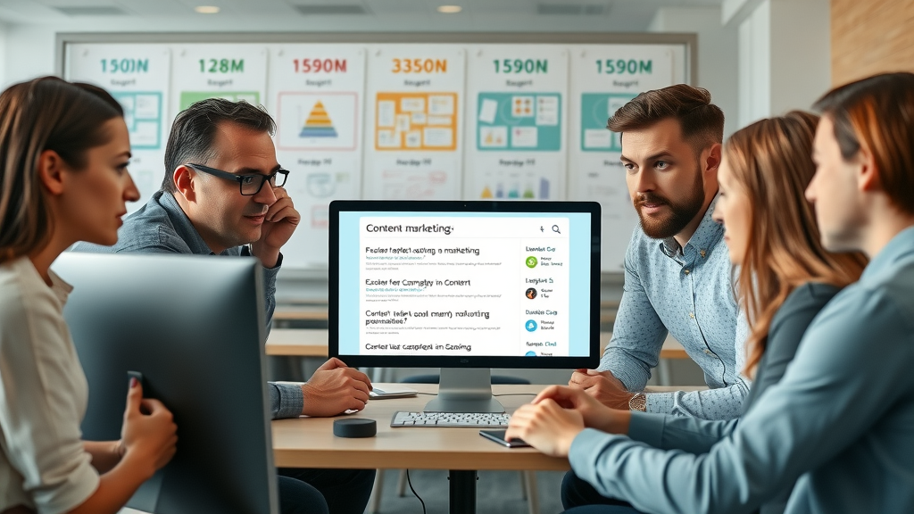 Curious professionals searching Q&amp;A results about content marketing, collaborative office environment