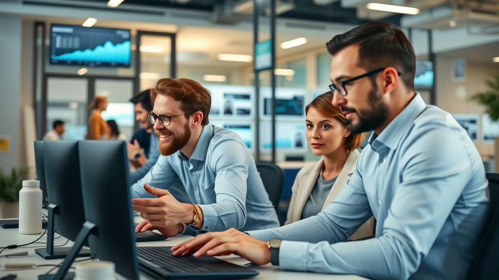 dynamic marketing team collaborating on paid advertising strategies in a modern digital office, reviewing analytics dashboards for ROI optimization