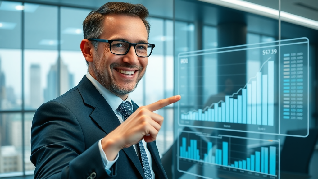 happy business executive reviewing paid advertising ROI charts, showing upward trend from a successful paid ad campaign in a modern boardroom