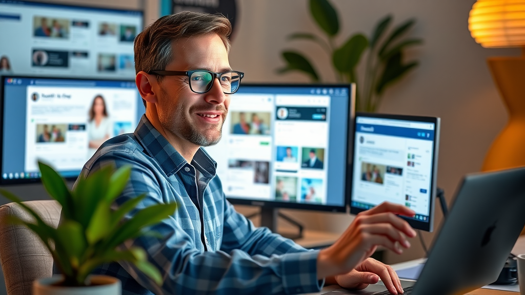 digital marketing specialist managing multiple paid ad campaigns across Facebook, Instagram, and LinkedIn dashboards in a modern workspace
