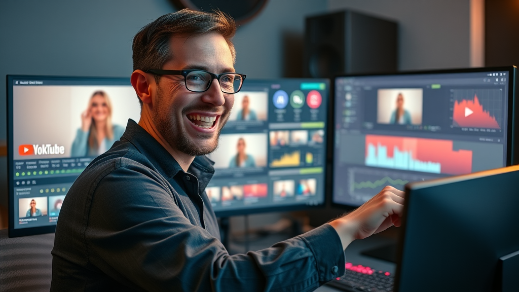 video marketer editing a dynamic paid video ad for YouTube and TikTok platforms in a modern digital marketing suite