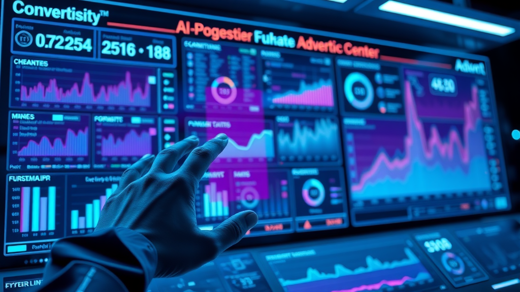 futuristic AI-powered programmatic advertising dashboard displaying automated paid ad campaign analytics and placements