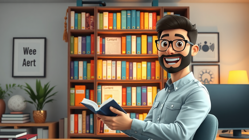 Bookshelf filled with glowing content blocks representing published articles and organic authority