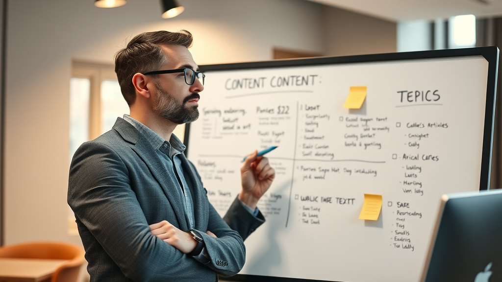 Content strategist planning topics on a digital whiteboard to build quality content for their target audience
