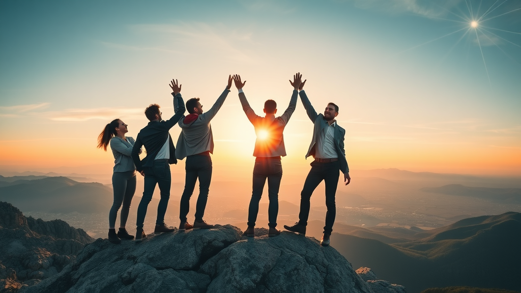 Victorious business team at mountain summit looking over a bright digital horizon, symbolizing long-term SEO success