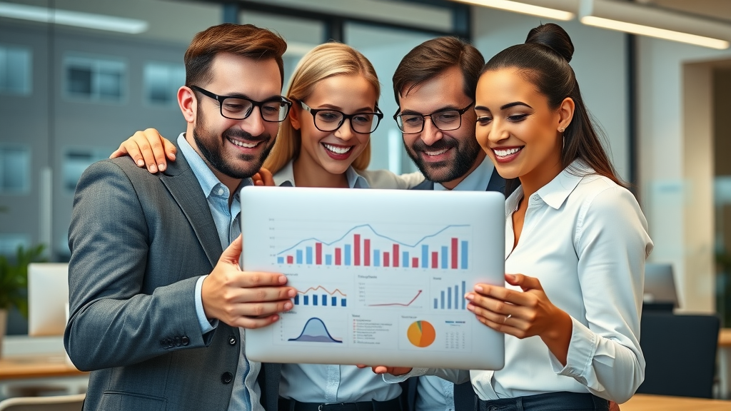 Business team reviewing positive online statistics and reputation marketing data on laptop in a modern office setting, confident expressions, digital displays, and vibrant charts