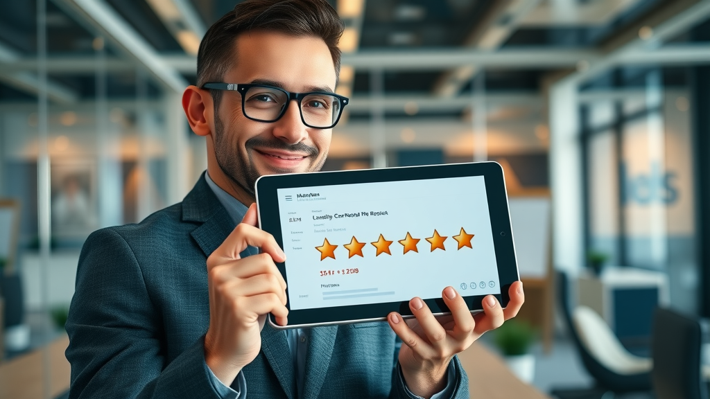 Modern marketer holding a tablet displaying five-star online reviews, reputation marketing in sleek office setting, branding elements evident