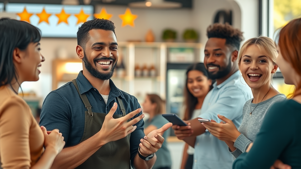 Small business owner interacting with happy customers, visible star rating and positive reviews in bright storefront, reputation marketing in action