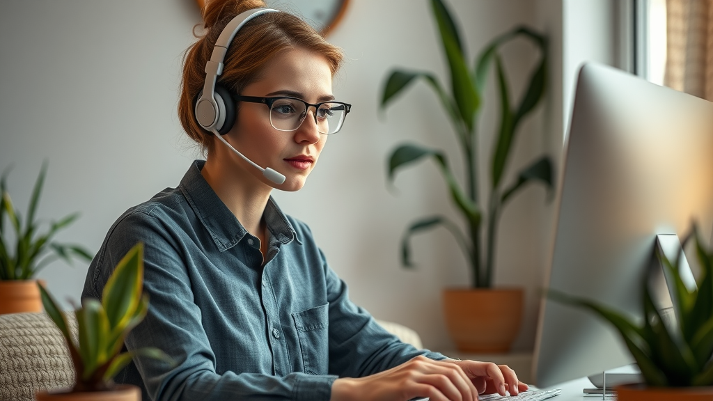 Empathetic customer service representative responding professionally to an online review in reputation marketing, cozy workspace with plants and muted tones