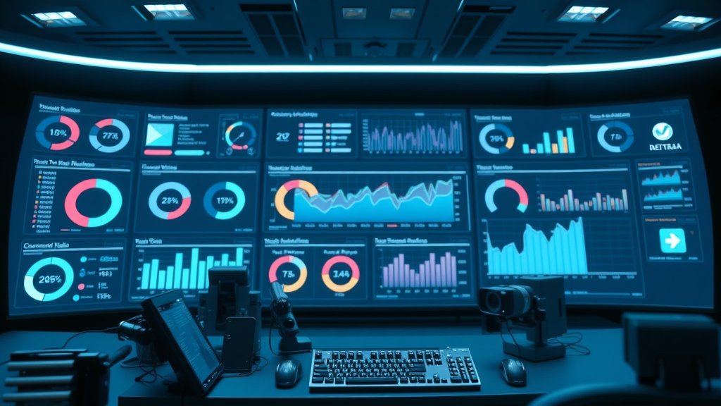 Modern digital dashboard with sleek reputation marketing analytics from top tools, high-tech control room, holographic charts and graphs