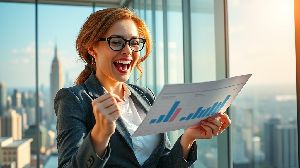 Triumphant businesswoman reviewing analytics showing increased leads from reputation marketing, glass office, city skyline
