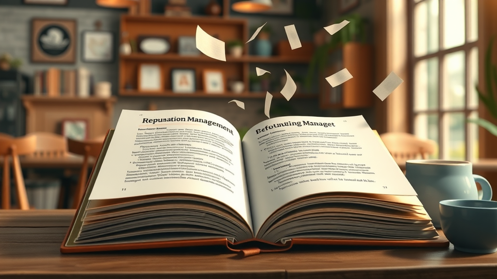 Open book and digital tablet displaying reputation marketing resources, informative visuals, cozy coffee shop background