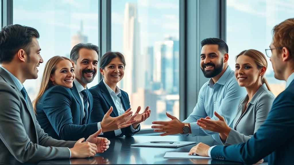 corporate conference on brand reputation management, confident professionals discussing branding strategies in a modern office with city skyline view, natural daylight