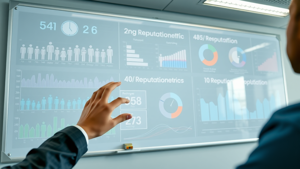 digital infographic showing brand reputation and management metrics, branded designs, whiteboard background, vibrant accents, reputation graphs