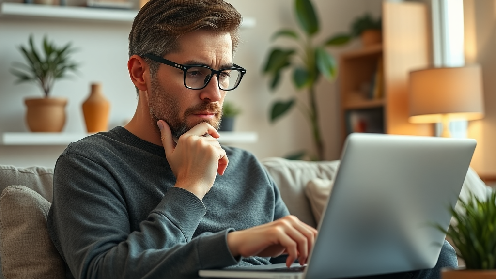 pensive consumer evaluating brand reputation, online reviews on laptop in home setting, cozy room with brand cues, natural light