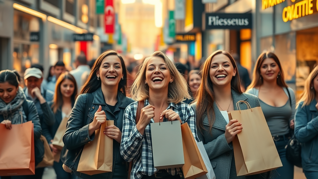 loyal happy customers holding branded shopping bags, bustling urban street with recognizable good brands, golden hour light