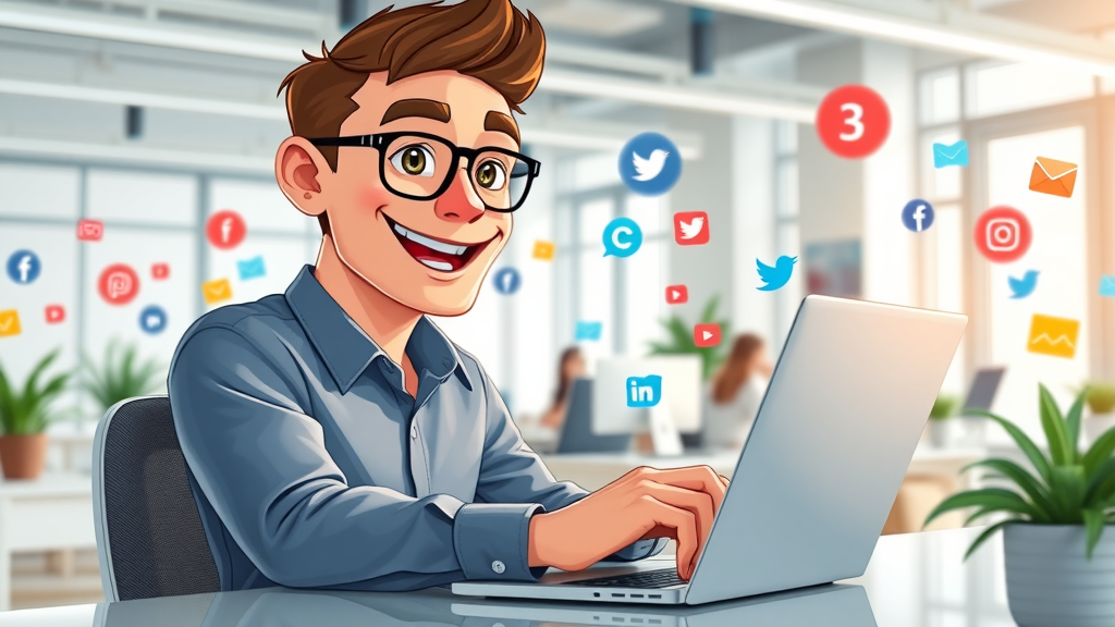 social media manager optimizes brand reputation, posting branded content in open-plan workspace with floating analytics and platform icons