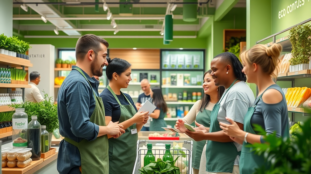modern eco-friendly retail brand store, helpful staff, sustainable products, friendly customer interaction