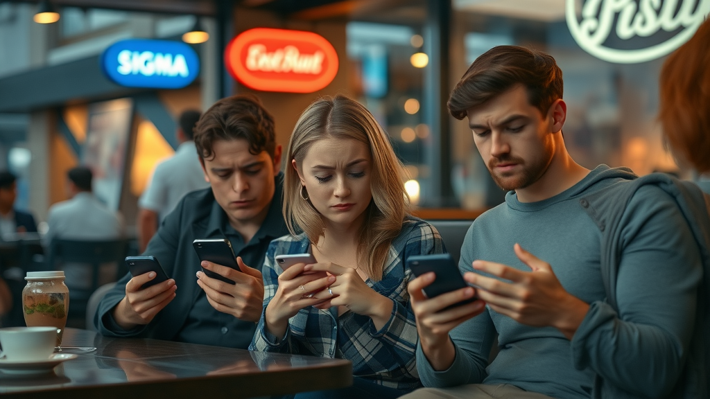 customers reading negative brand reviews on smartphones, disappointed expressions at café, modern urban vibe