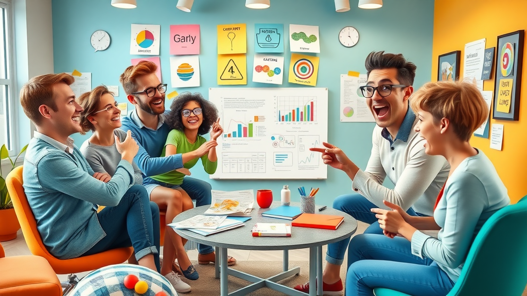 motivated marketing team discussing brand campaigns, creative agency setting with brainstorming charts and colorful brand elements