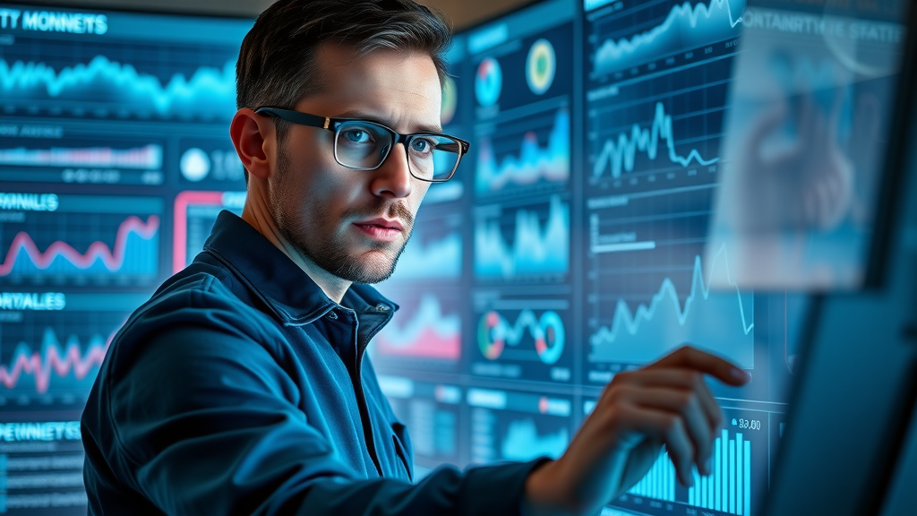 dedicated analyst monitoring brand reputation with digital dashboards, real-time media mentions, futuristic transparent screens