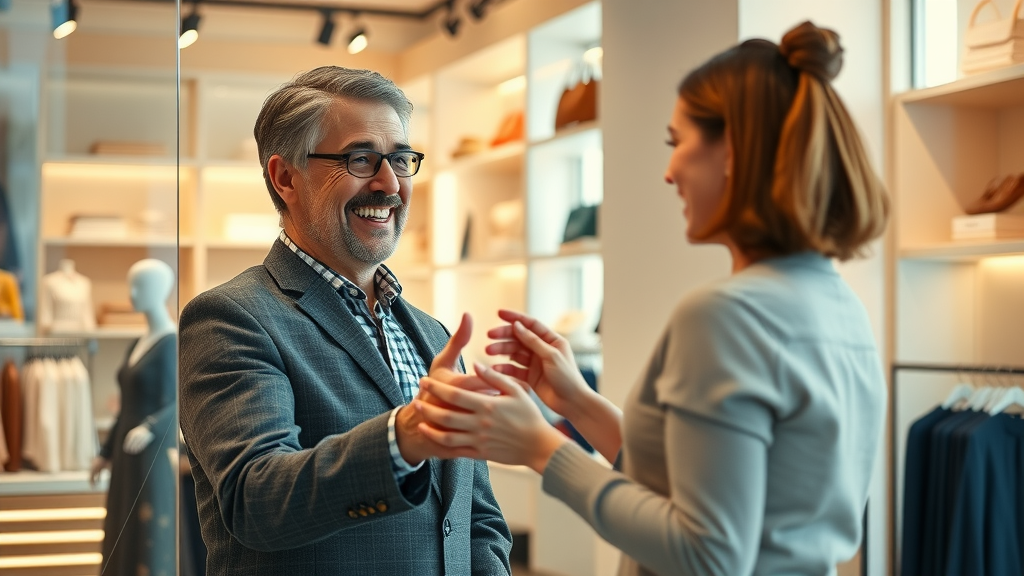 happy repeat customer returning for brand experience, warmly greeted by staff, positive loyal customer atmosphere