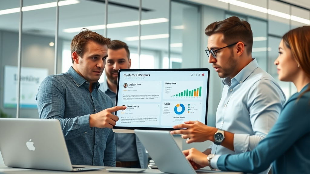 Dynamic business team examining digital customer reviews dashboard, modern office, glass walls, laptops, review metrics on screens, discussing data, bright daylight