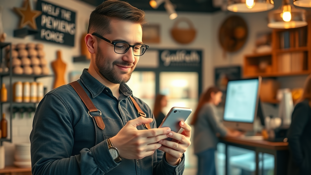 Engaged business owner reading online reviews on a mobile device in a cozy small business interior, branded decor, customer interactions, warm golden hour lighting