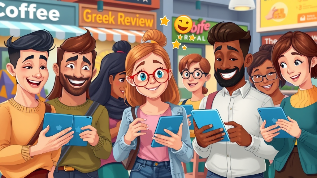 Diverse customers leaving online reviews on multiple devices in a vibrant urban setting with retail stores and social media icons, animated emojis and review stars floating