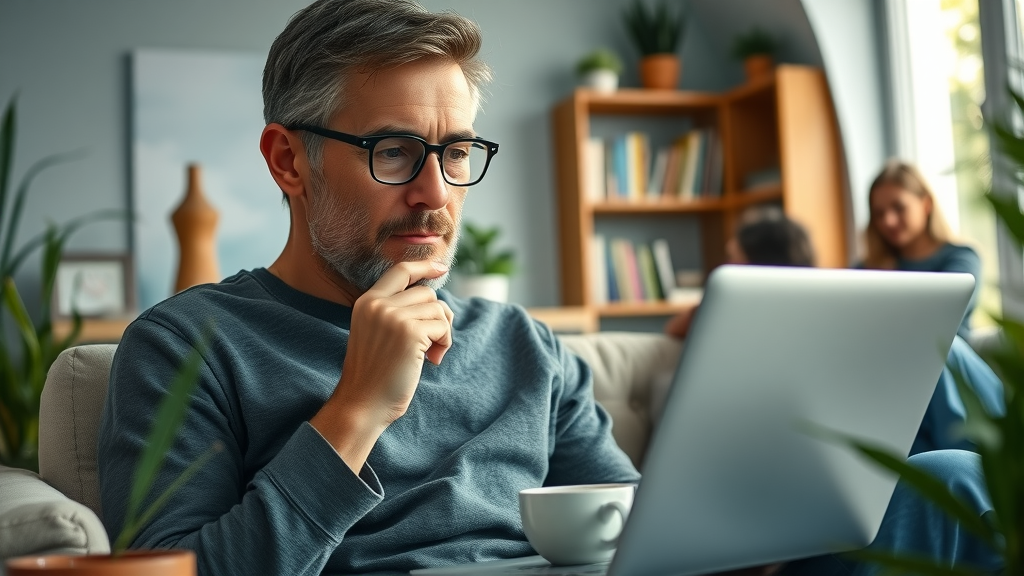 Trusting customer reading online reviews at home, thoughtful expression, cozy living room, laptop showing review stars, family members in background
