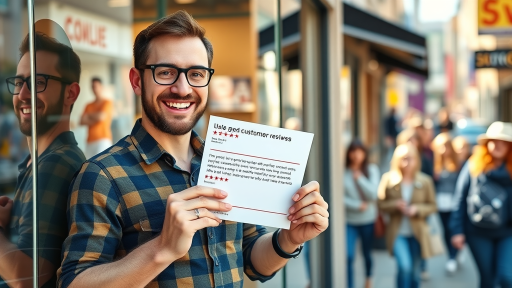 Proud business owner displaying printed positive customer reviews in a storefront window, bustling main street, pedestrians admiring, bright sunlight