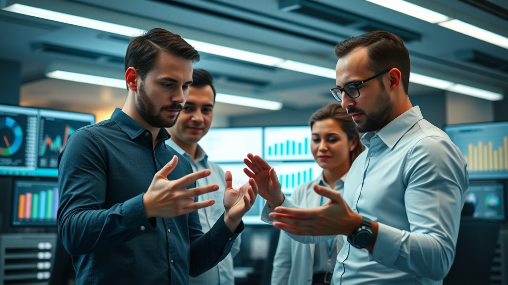 Modern marketing team collaborating on online review management software in a sleek office with interactive digital displays and analytics charts