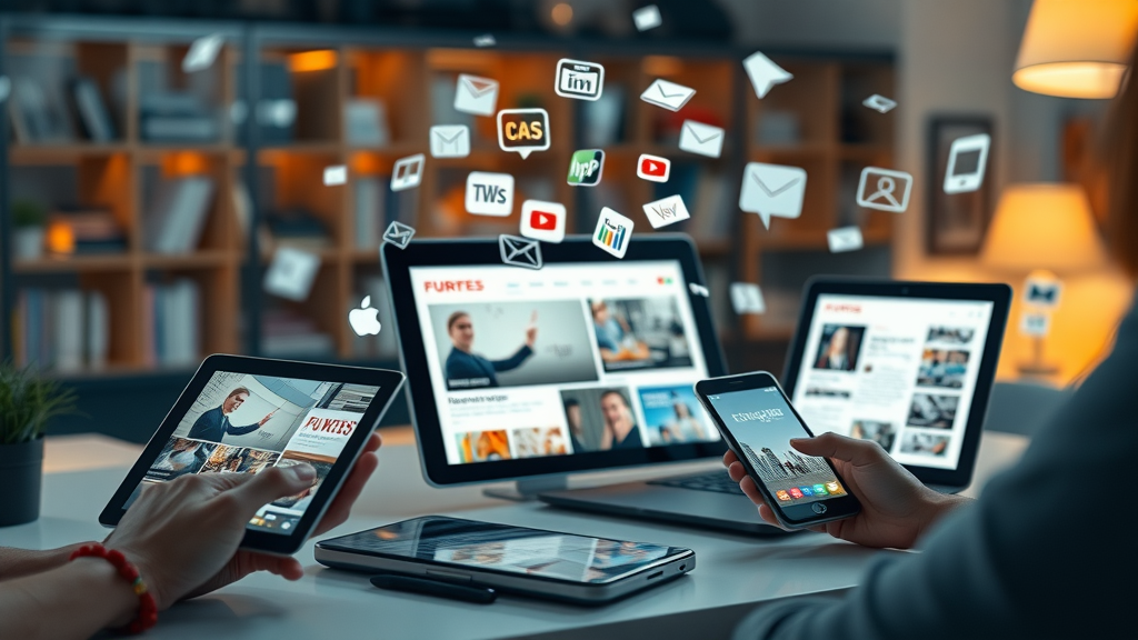 Diverse content types for content marketing: blog articles, video content, white papers, emails, infographics