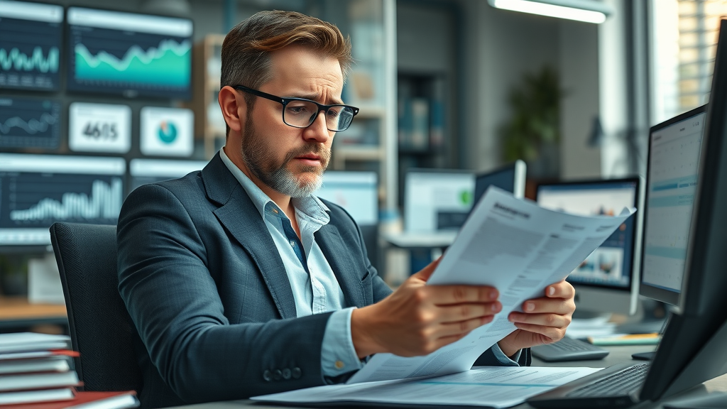 frustrated business owner reviewing online paid ads analytics at modern desk, computer screens showing digital ad campaign metrics