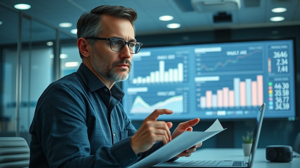 thoughtful marketing analyst calculating online paid ad expenses, boardroom with financial charts and graphs