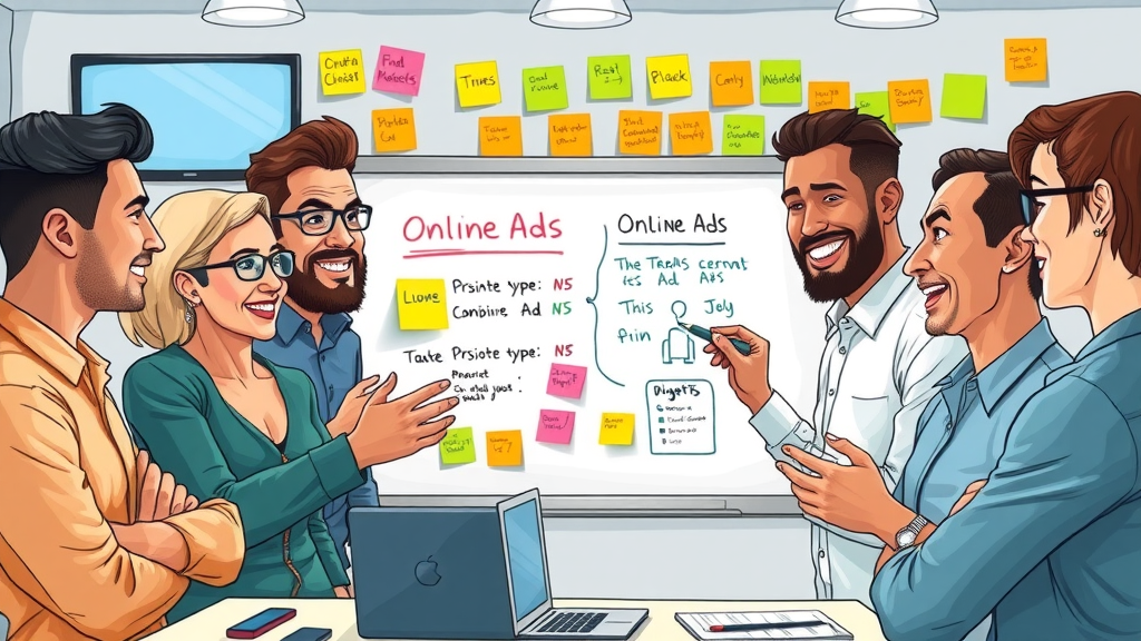 diverse digital marketers discussing types of online paid ads in a creative workspace with whiteboards and screens