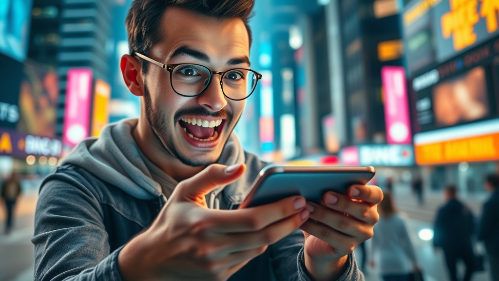 vibrant digital ad creative capturing user attention on a mobile device, futuristic city with animated icons