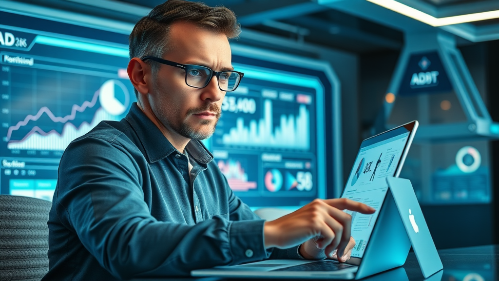 confident marketing professional adjusting paid ad campaign settings on laptop, high-tech office with holographic displays