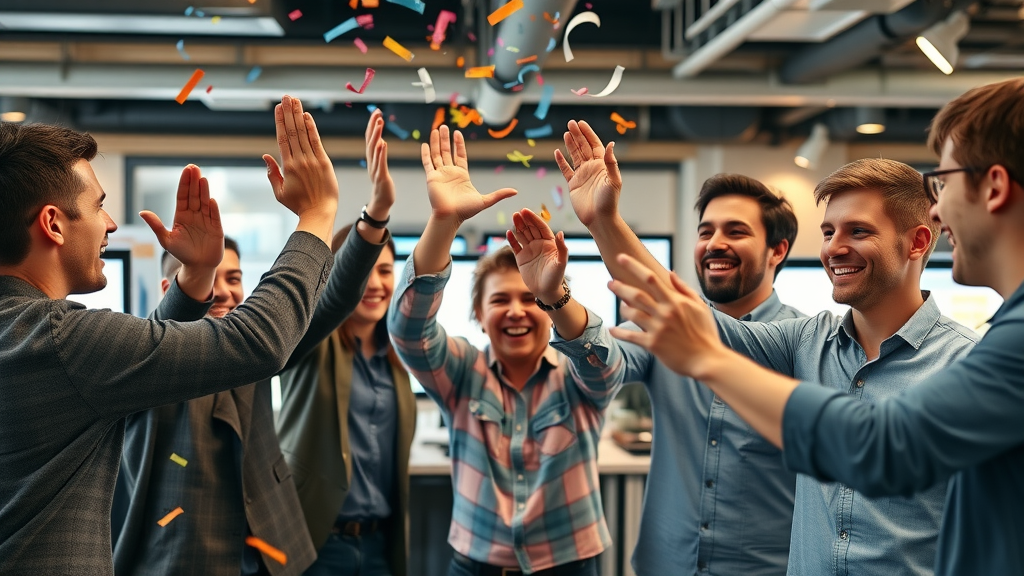 successful marketing team celebrating impressive paid advertising ROI in a modern office with ROI dashboards
