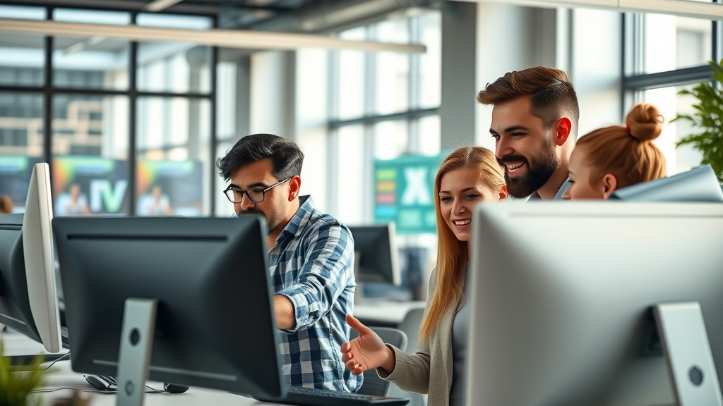 Digital marketers collaborating on SEO content marketing strategy in a bright, modern workspace
