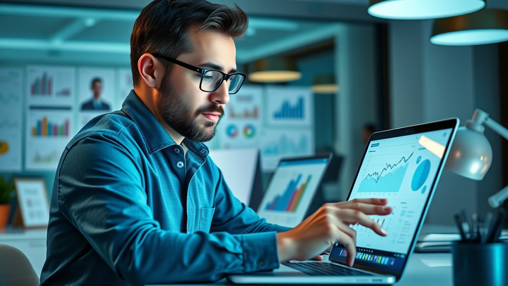Marketer analyzing SEO analytics for content marketing on laptop in modern office