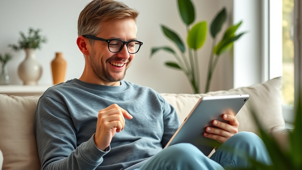 Happy website user enjoying quality, optimized SEO content on a tablet