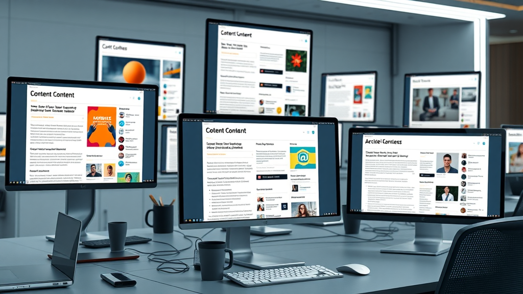Various digital content formats including blog posts, guides, and listicles on multiple screens