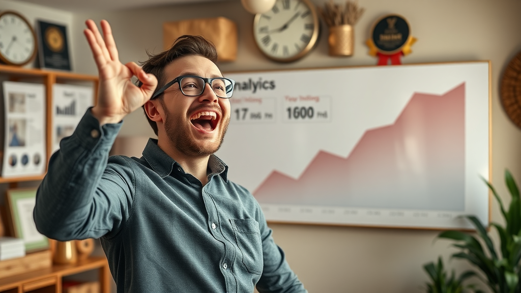 Small business owner celebrating SEO-driven growth with analytics chart