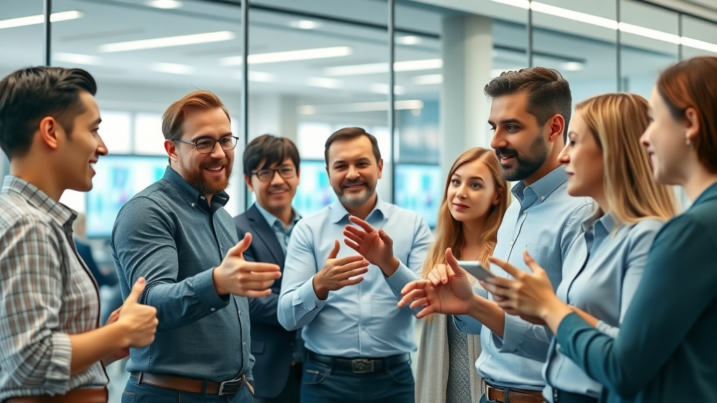 Modern office team discussing digital marketing strategies in a glass-walled office with digital screens, embodying collaborative digital marketing innovation